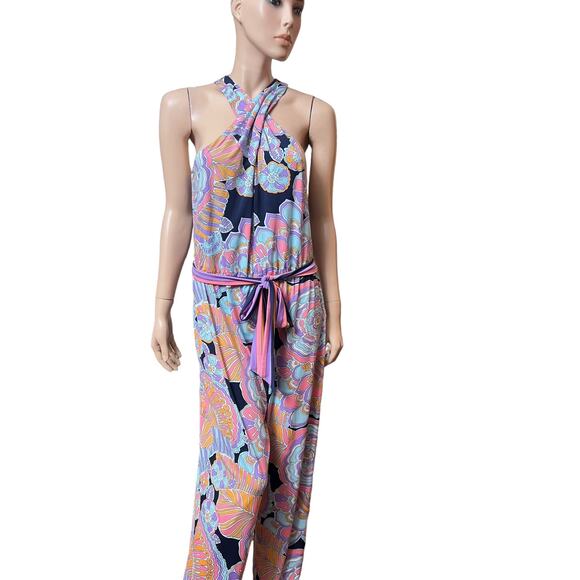 Trina Turk Halter Jumpsuit Milticolor Print Sleevless Size M Wide Leg Belted - Picture 9 of 13